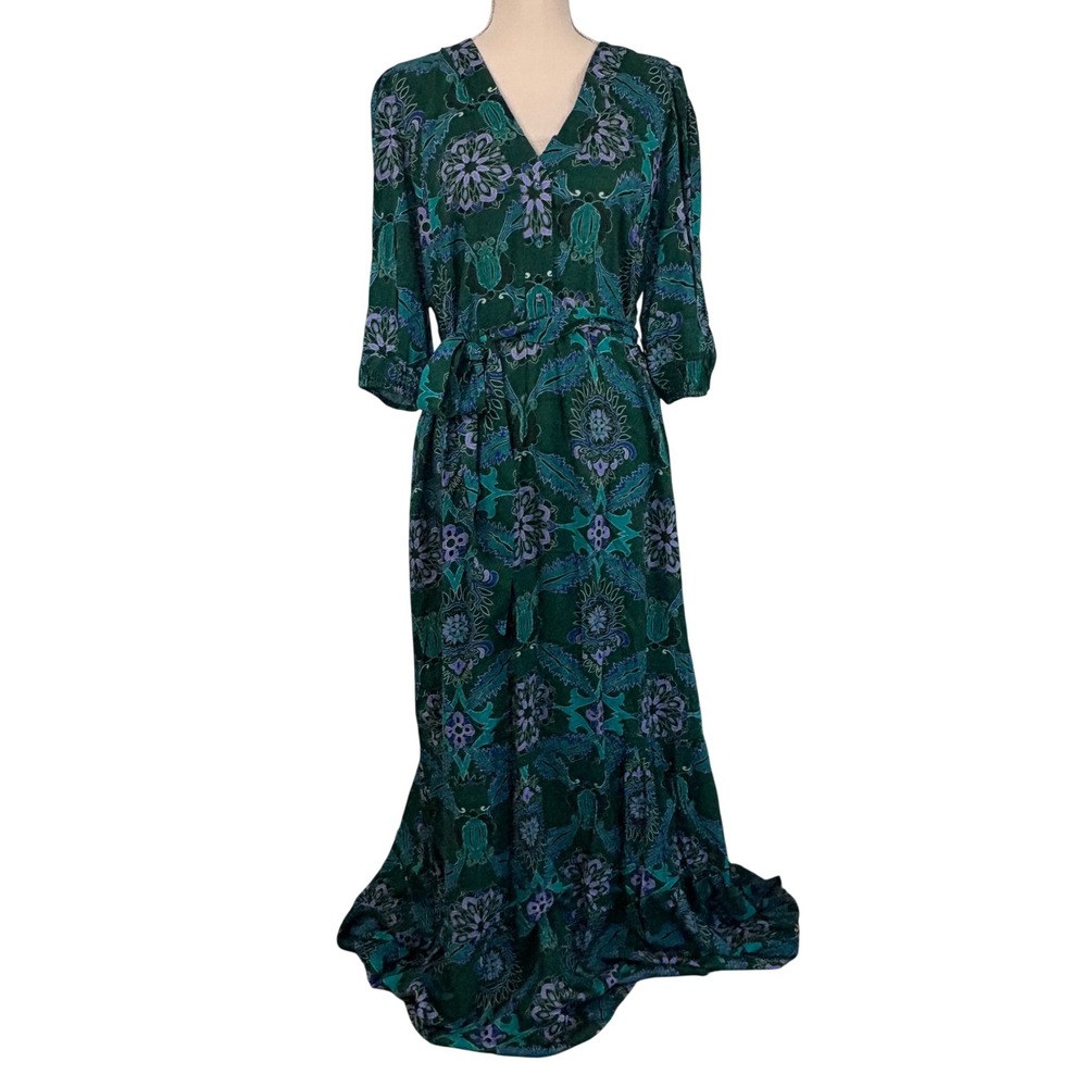 Celina Moon Green Floral Paisley V-Neck Maxi Dress XL NWT Button Front Belted